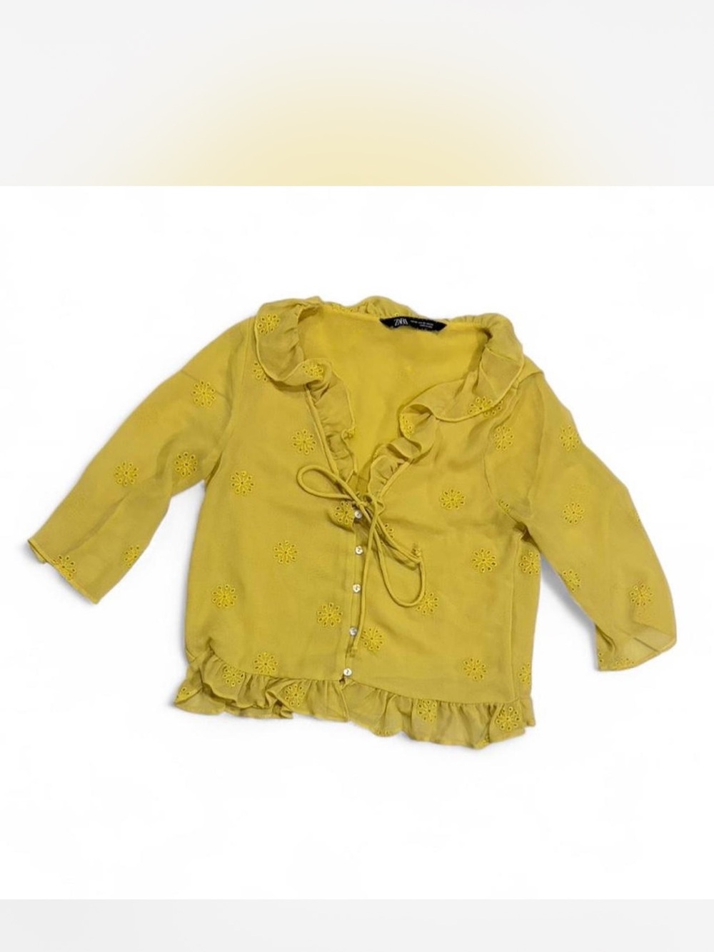 Zara Mustard Yellow Ruffle Eyelet Tie-Front Blouse